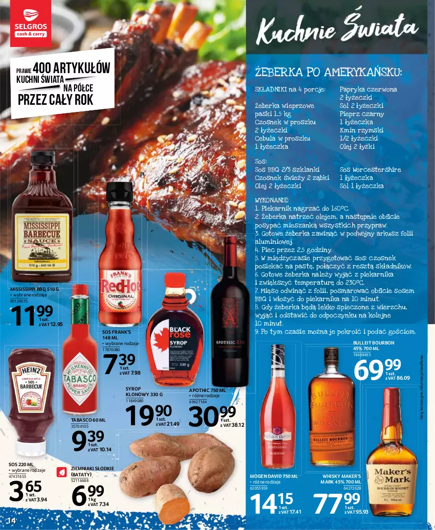 Gazetka promocyjna Selgros - Katalog Kuchnie Świata - ważna 05.11.2020 do 14.02.2021 - strona 14 - produkty: Bourbon, Bulleit Bourbon, Cebula, Czosnek, Lanki, Mięso, Mogen David, Olej, Papryka, Papryka czerwona, Piec, Piekarnik, Pieprz, Por, Sól, Sos, Syrop, Whisky, Ziemniaki