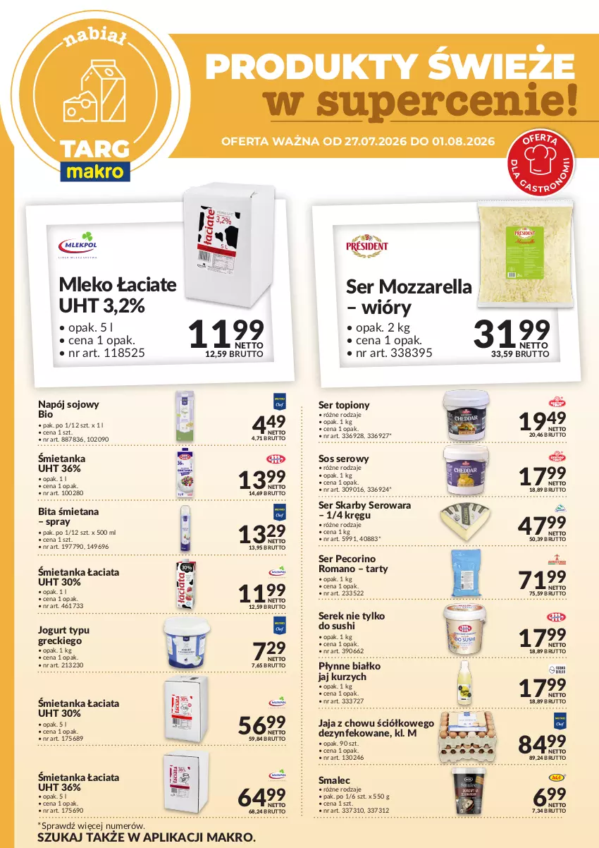 Gazetka promocyjna Makro - Targ MAKRO - oferta świeża w super cenach! - ważna 27.07 do 01.08.2026 - strona 3 - produkty: Jaja, Jogurt, Mleko, Mozzarella, Napój, Pecorino, Ser, Ser topiony, Serek, Smalec, Sos, Sushi, Top