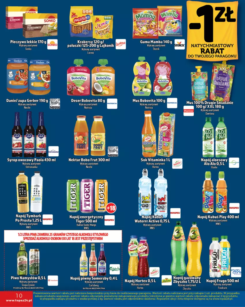 Gazetka promocyjna Topaz - Gazetka - ważna 31.10 do 06.11.2024 - strona 10 - produkty: Dawtona, Gerber, Hortex, Inka, Kaktus, Krakersy, Kubuś, Mamba, Mango, Mus, Namysłów, Napój, Napój energetyczny, Napój gazowany, Nektar, Piec, Pieczywo, Piwo, Sok, Sonko, Tiger, Top, Tymbark