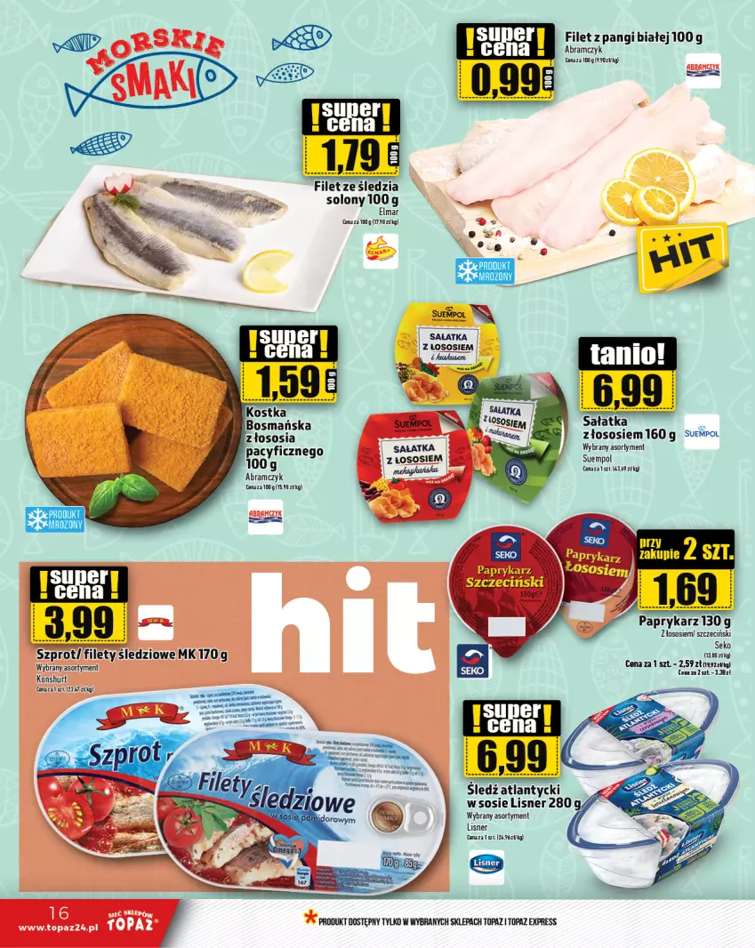 Gazetka promocyjna Topaz - Gazetka - ważna 31.10 do 06.11.2024 - strona 16 - produkty: Filet z pangi, Lisner, Papryka, Paprykarz, Sałat, Sałatka, SEKO, Sledź, Sos, Suempol, Szprot, Top