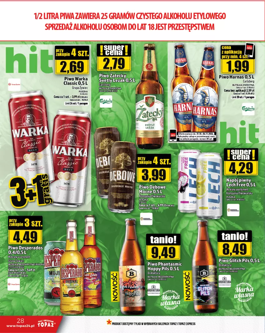 Gazetka promocyjna Topaz - Gazetka - ważna 31.10 do 06.11.2024 - strona 28 - produkty: Carlsberg, Desperados, Fa, Gra, Harnaś, Napój, Piwa, Piwo, Top