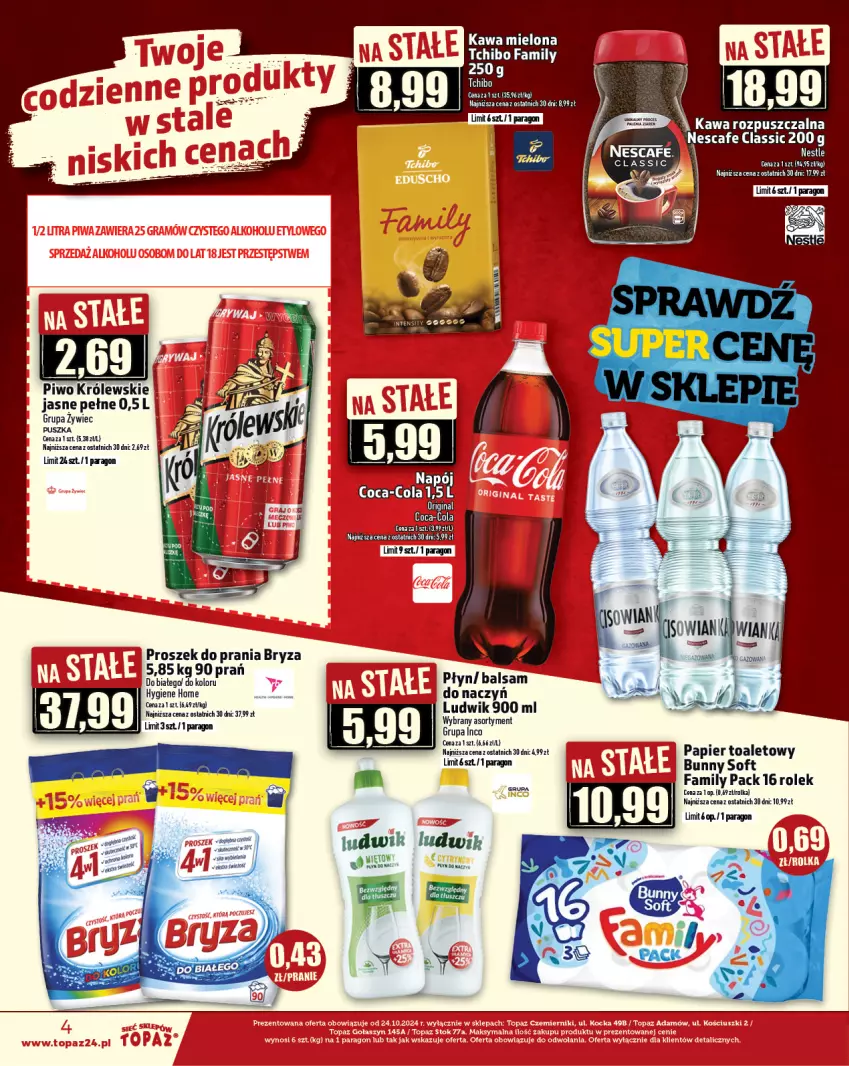 Gazetka promocyjna Topaz - Gazetka - ważna 31.10 do 06.11.2024 - strona 4 - produkty: Bryza, Fa, Kawa, Kawa mielona, Kawa rozpuszczalna, Królewski, Ludwik, Papier, Papier toaletowy, Piwo, Por, Proszek do prania, Puf, Tchibo, Tchibo Family