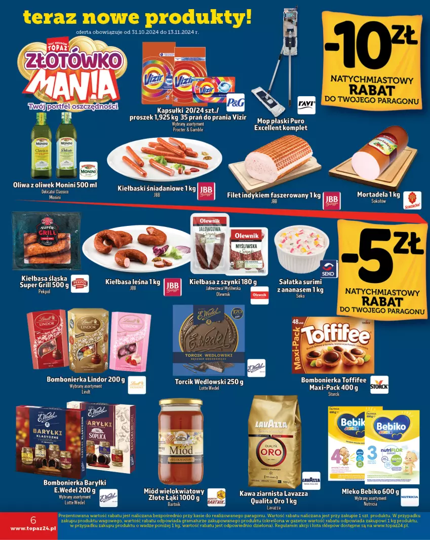 Gazetka promocyjna Topaz - Gazetka - ważna 31.10 do 06.11.2024 - strona 6 - produkty: Ananas, Baryłki, Danio, Fa, Grill, Kiełbasa, Lavazza, Monini, Mop, Olewnik, Oliwa, Oliwa z oliwek, Pekpol, Pur, Sałat, Sałatka, Surimi, Toffifee, Top, Vizir