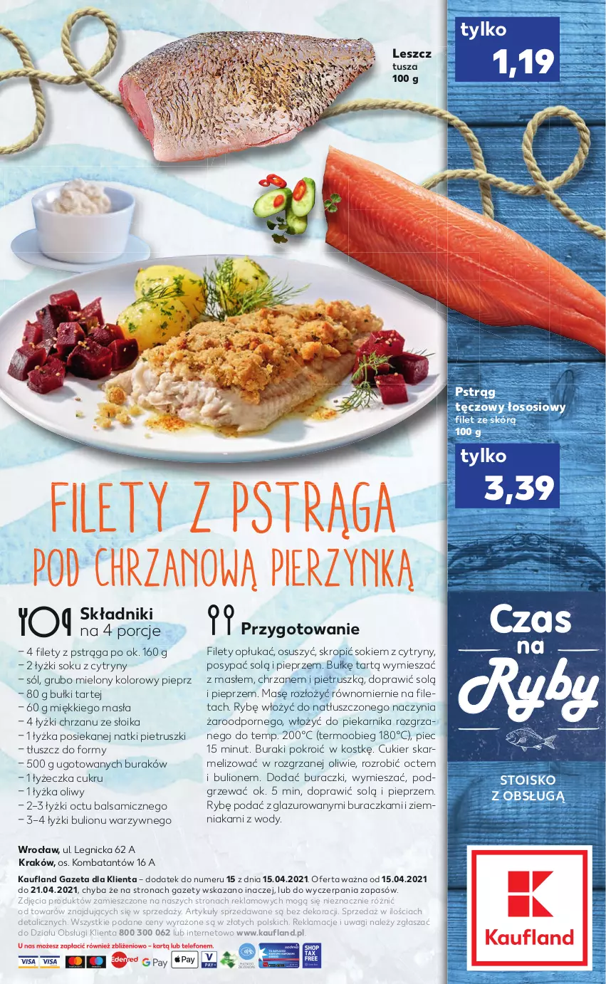 Gazetka promocyjna Kaufland - RYBY - ważna 15.04 do 21.04.2021 - strona 2 - produkty: Bulion, Buraczki, Buraki, Chrzan, Cukier, Cytryny, Lazur, Lion, Piec, Piekarnik, Pieprz, Por, Pstrąg, Pstrąg tęczowy, Sok, Sól, Sos, Tusz, Wagi