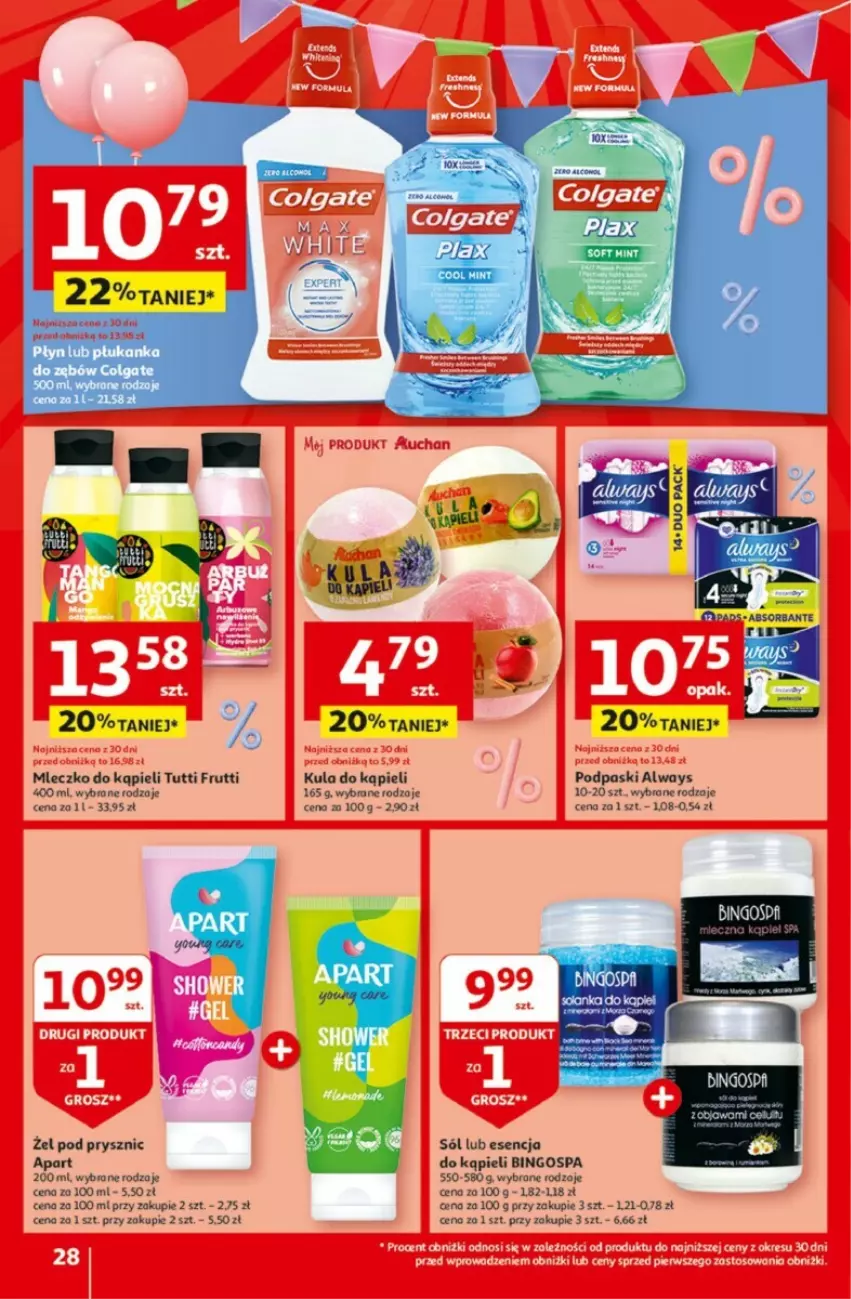 Gazetka promocyjna Auchan - ważna 25.04 do 30.04.2024 - strona 21 - produkty: Always, Kula do kąpieli, Mleczko, Podpaski, Sól