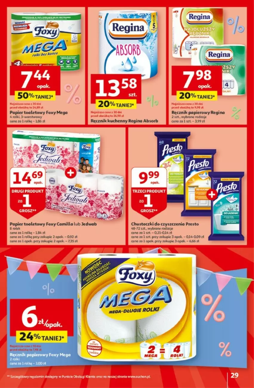 Gazetka promocyjna Auchan - ważna 25.04 do 30.04.2024 - strona 22 - produkty: Chusteczki, Chusteczki do czyszczenia, Foxy, Gin, Papier, Papier toaletowy, Presto, Ręcznik, Ręcznik kuchenny, Rolki