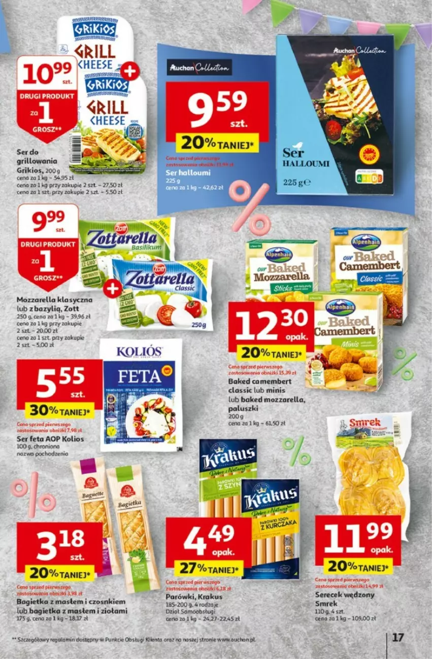 Gazetka promocyjna Auchan - ważna 25.04 do 30.04.2024 - strona 9 - produkty: Bagietka, Camembert, Feta, Grill, Krakus, Mozzarella, O nas, Parówki, Ser, Zott