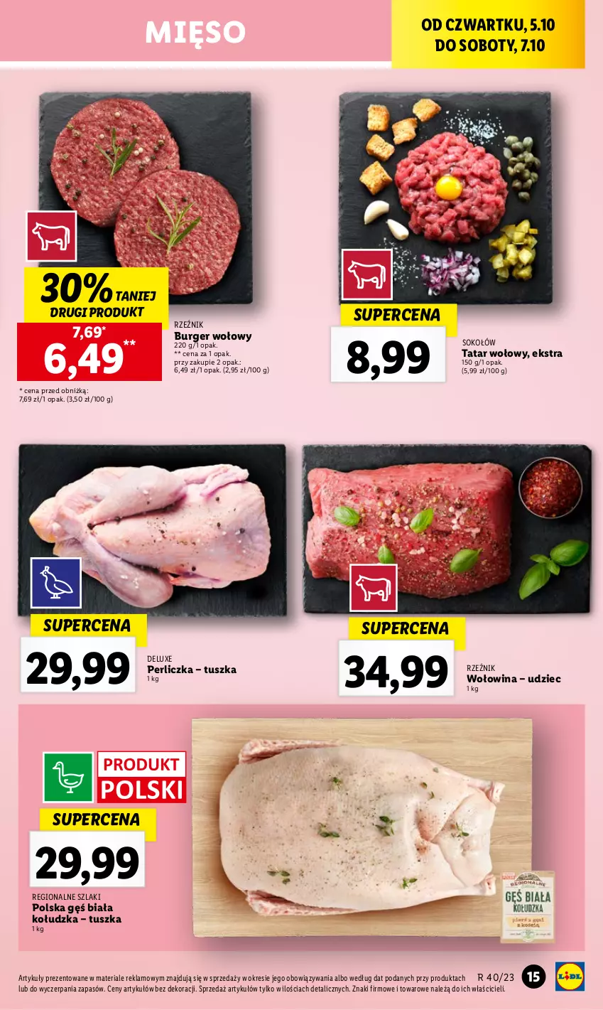 Gazetka promocyjna Lidl - GAZETKA - ważna 05.10 do 07.10.2023 - strona 23 - produkty: Burger, Mięso, Perliczka, Sok, Sokołów, Tatar wołowy, Tusz, Wołowina