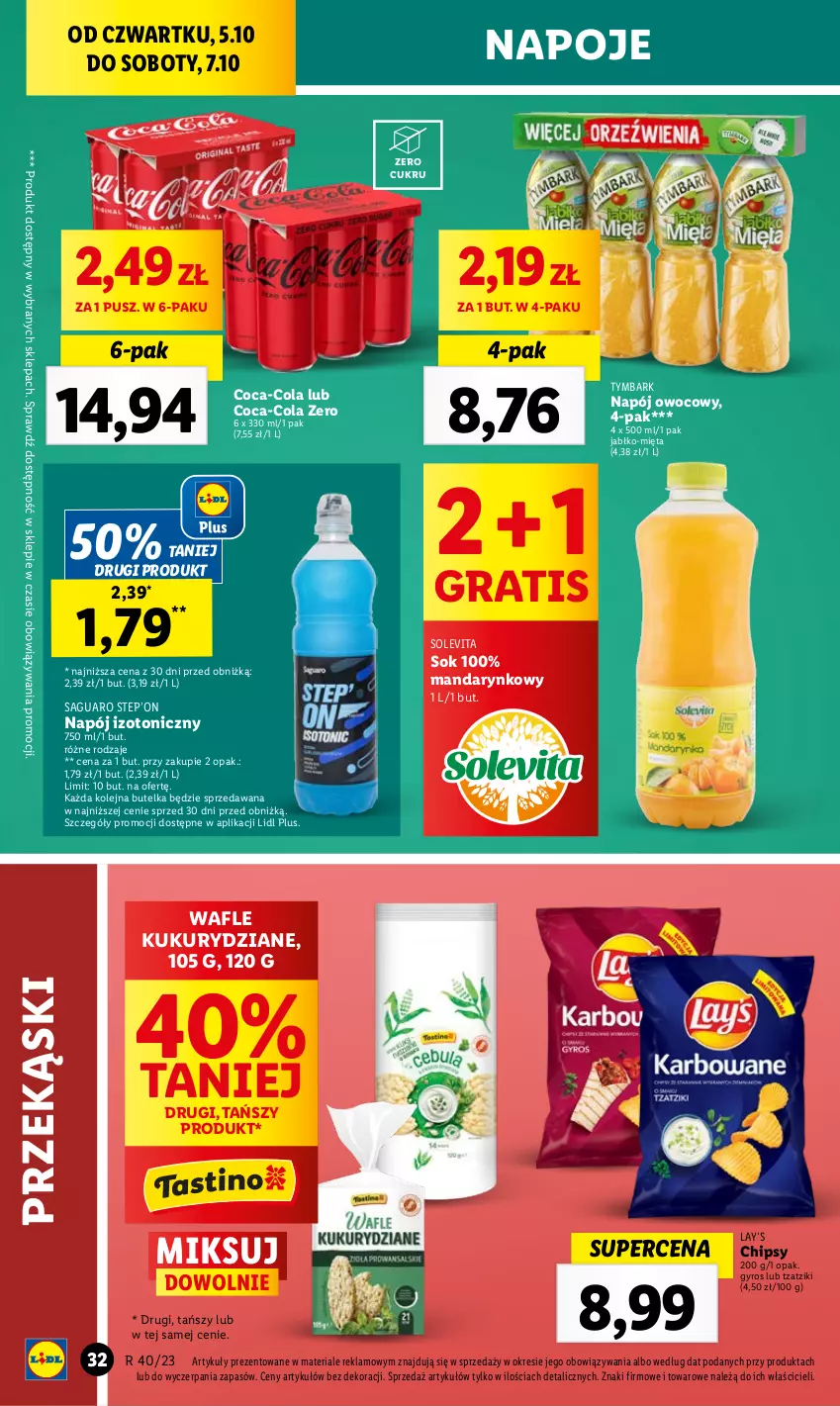 Gazetka promocyjna Lidl - GAZETKA - ważna 05.10 do 07.10.2023 - strona 42 - produkty: Chipsy, Coca-Cola, Gra, Gyros, Lay’s, Mięta, Napój, Napój izotoniczny, Napoje, Olej, Sok, Tymbark, Wafle