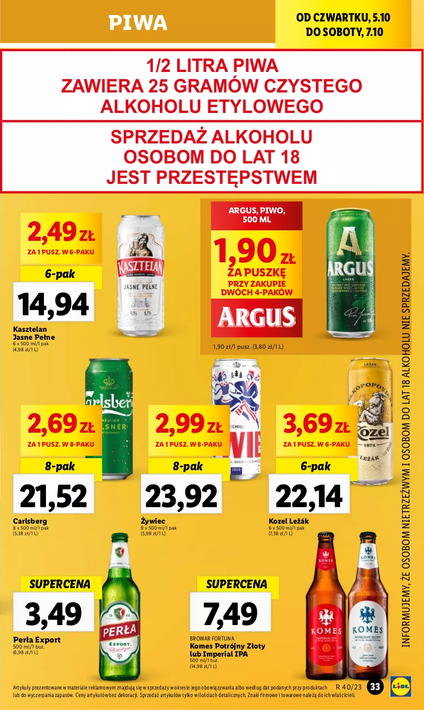 Gazetka promocyjna Lidl - GAZETKA - ważna 05.10 do 07.10.2023 - strona 43 - produkty: Carlsberg, Fortuna, Gra, Kasztelan, Kozel, Perła, Piwa, Piwo, Por