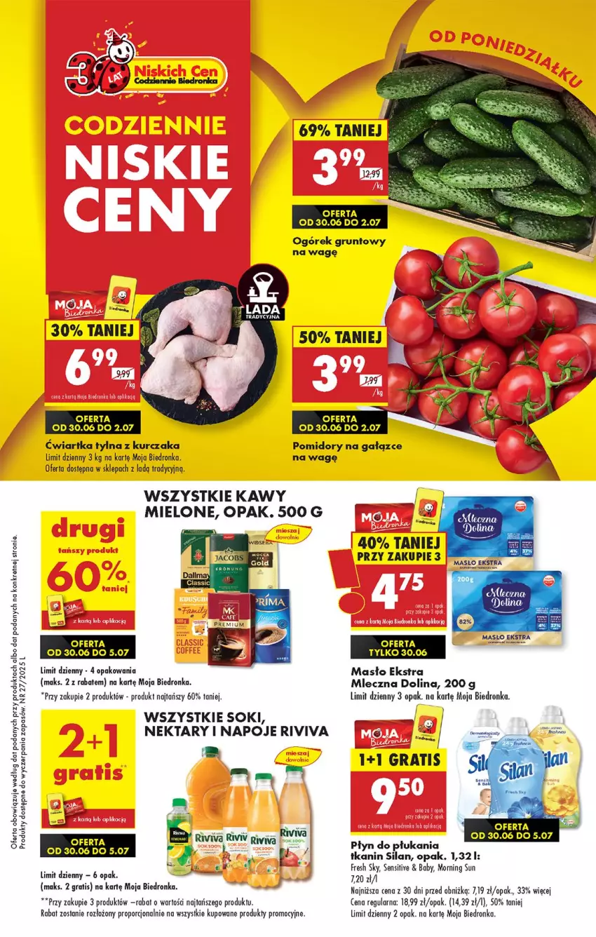 Gazetka promocyjna Biedronka - Od Poniedziałku - ważna 30.06 do 05.07.2025 - strona 1 - produkty: Fa, Gra, Grunt, Kurczak, Masło, Napoje, Nektar, Ogórek, Płyn do płukania, Pomidory, Por, Silan, Sok