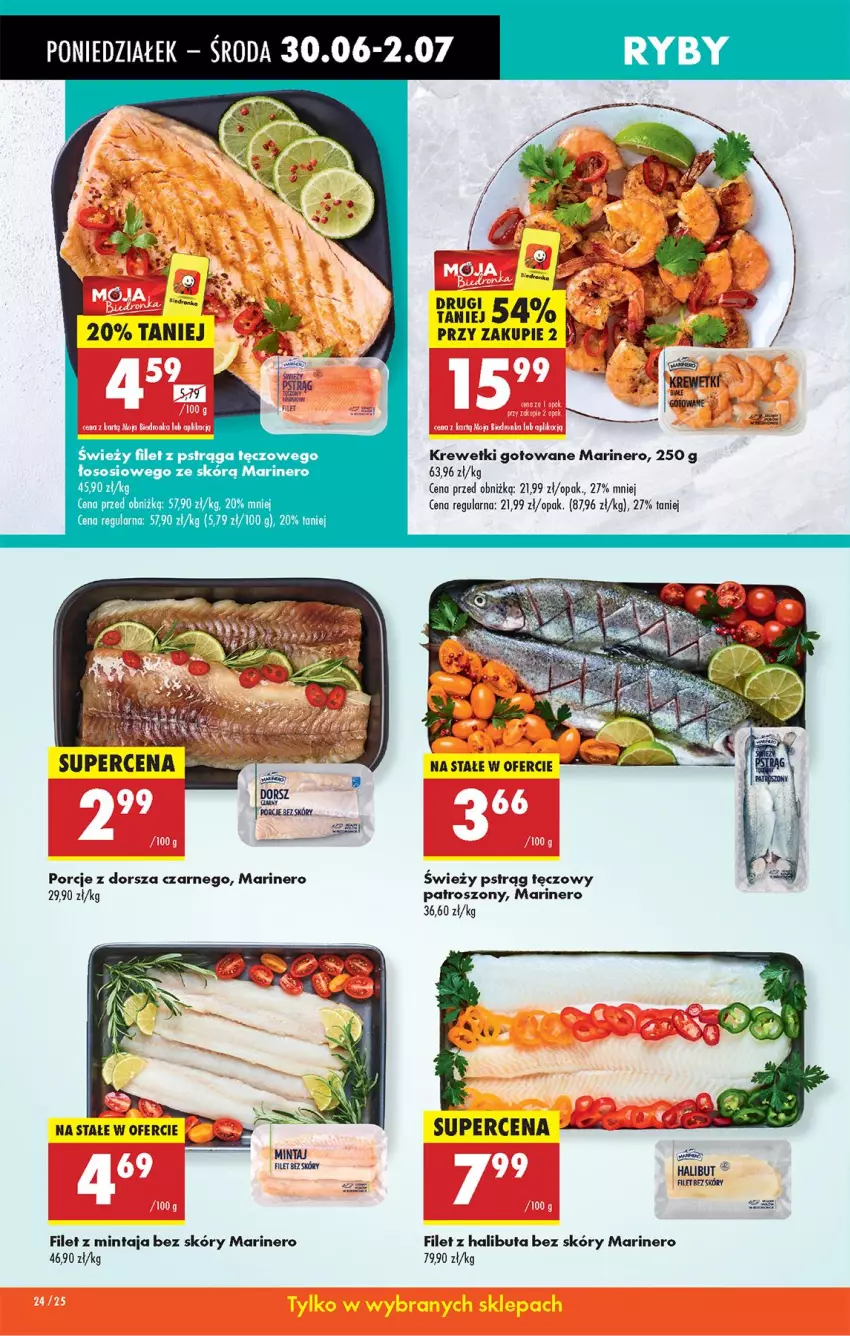 Gazetka promocyjna Biedronka - Od Poniedziałku - ważna 30.06 do 05.07.2025 - strona 36 - produkty: Dorsz, Filet z mintaja, Filet z pstrąga, Halibut, Krewetki, Mintaj, Por, Pstrąg, Pstrąg tęczowy, Sos