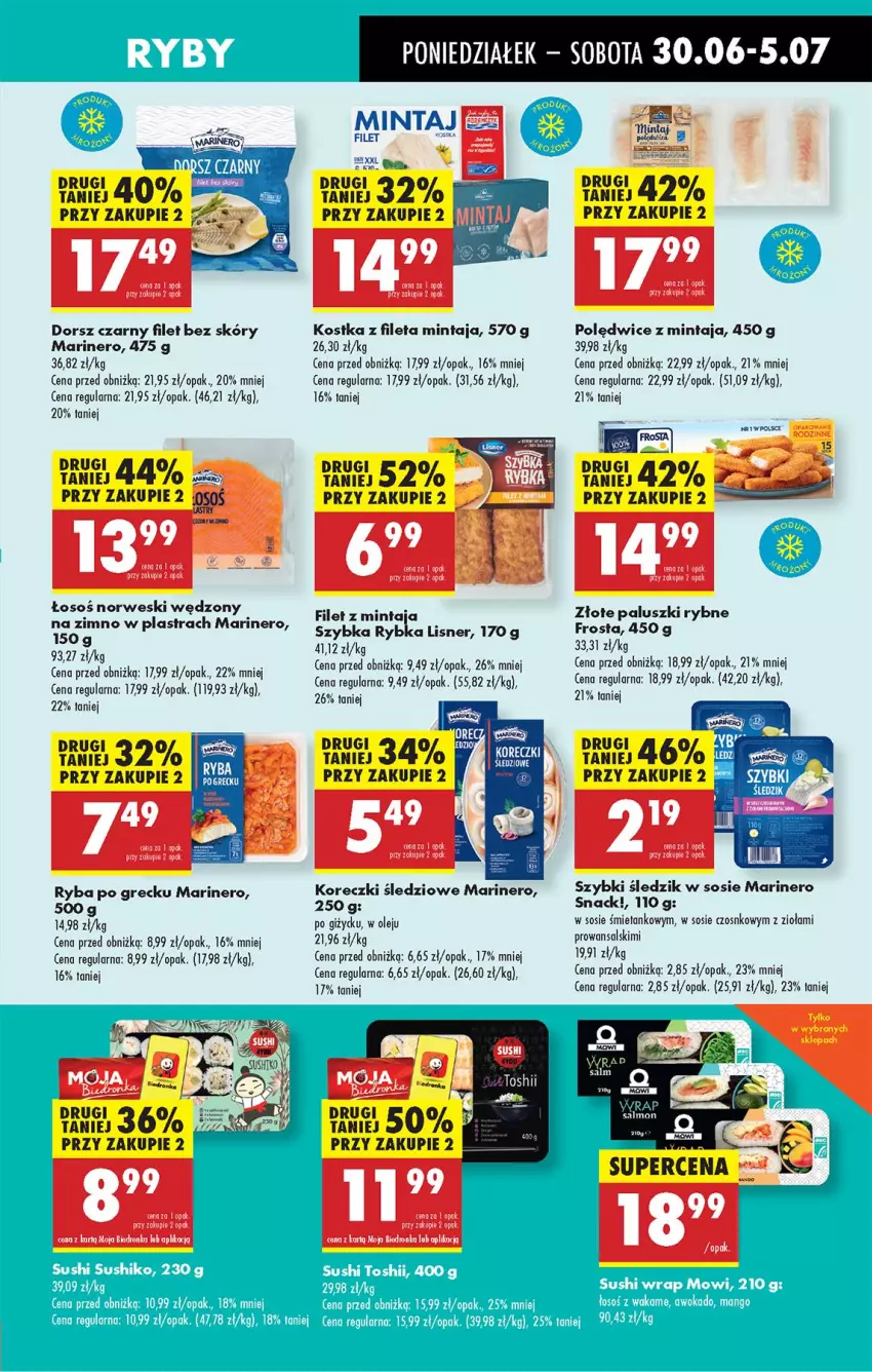 Gazetka promocyjna Biedronka - Od Poniedziałku - ważna 30.06 do 05.07.2025 - strona 37 - produkty: Dorsz, Frosta, Koreczki śledziowe, LG, Mintaj, Olej, Ryba, Ryba po grecku, Sos