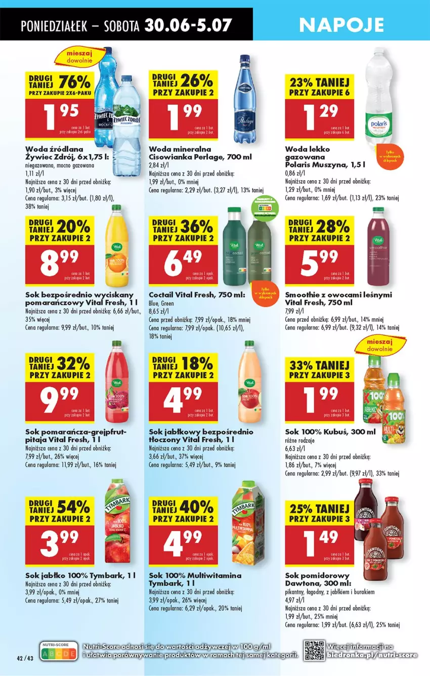 Gazetka promocyjna Biedronka - Od Poniedziałku - ważna 30.06 do 05.07.2025 - strona 58 - produkty: Buraki, Cisowianka, Dawtona, Grejpfrut, Kubuś, LANA, Mus, Napoje, Smoothie, Sok, Sok jabłkowy, Sok pomidorowy, Szyna, Tymbark, Woda, Woda mineralna