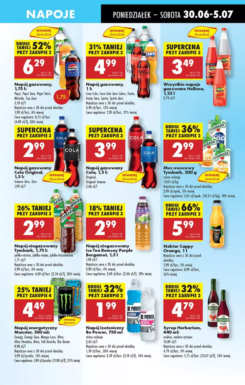 Gazetka promocyjna Biedronka - Od Poniedziałku - ważna 30.06 do 05.07.2025 - strona 59 - produkty: 7up, Cappy, Coca-Cola, Fa, Fanta, Full Throttle, Gin, Hellena, Mango, Mięta, Mirinda, Mus, Napój, Napój energetyczny, Napój gazowany, Napój izotoniczny, Napój niegazowany, Napoje, Nektar, Pepsi, Pur, Sprite, Tonik, Tymbark
