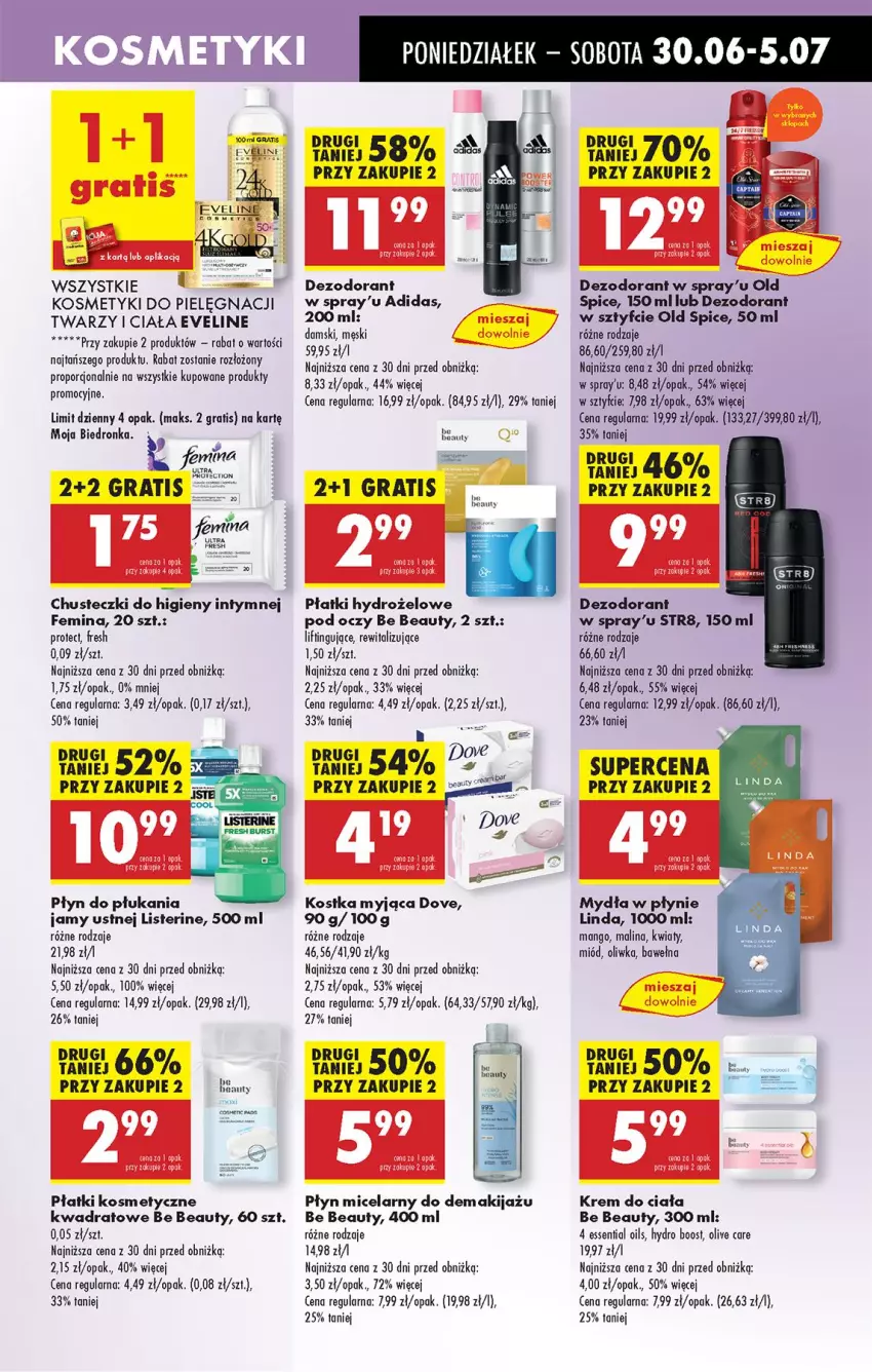 Gazetka promocyjna Biedronka - Od Poniedziałku - ważna 30.06 do 05.07.2025 - strona 63 - produkty: Adidas, Be Be, Chusteczki, Chusteczki do higieny, Dezodorant, Dove, Eveline, Fa, Gra, Kosmetyki do pielęgnacji, Kostka myjąca, Listerine, Makijaż, Mango, Miód, Old Spice, Płyn do płukania, Płyn do płukania jamy ustnej, Płyn micelarny, Por, Rama, Str8, Wełna