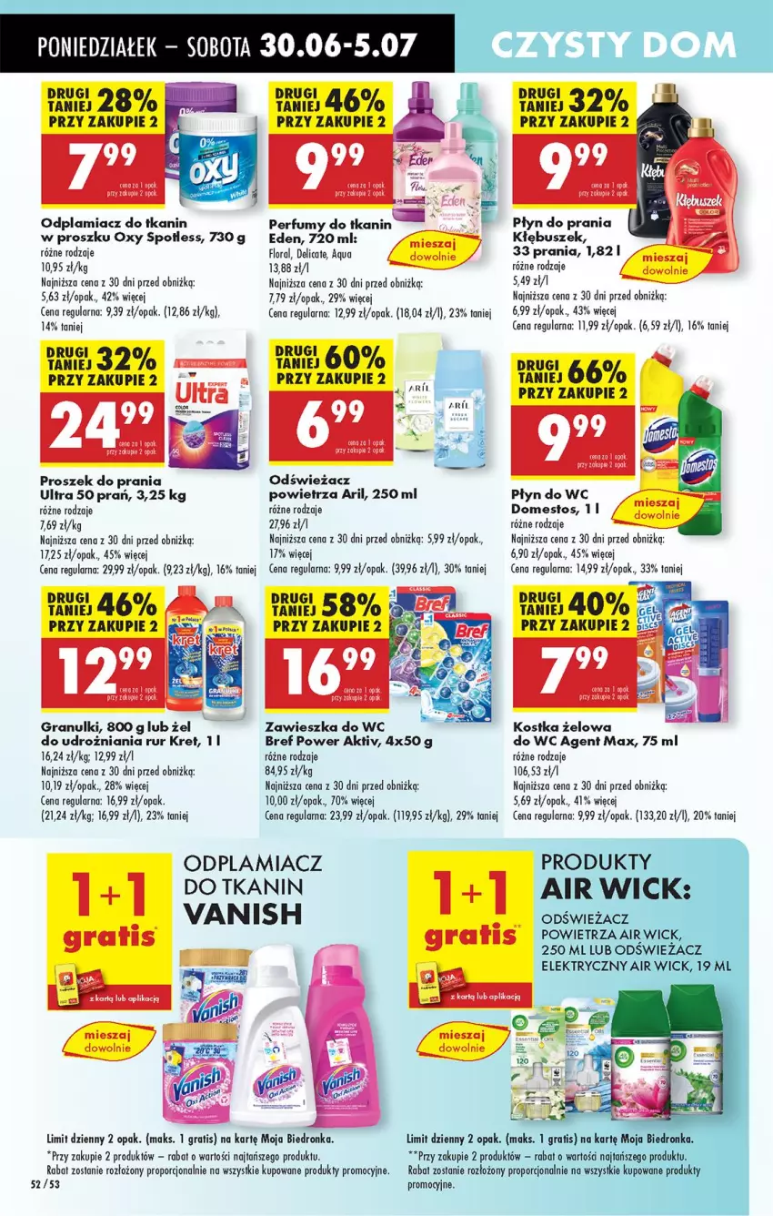 Gazetka promocyjna Biedronka - Od Poniedziałku - ważna 30.06 do 05.07.2025 - strona 68 - produkty: Air Wick, Bref, Domestos, Flora, Gra, Kret, Odplamiacz, Odświeżacz powietrza, Perfum, Płyn do prania, Płyn do wc, Por, Proszek do prania, Vanish, Zawieszka do wc