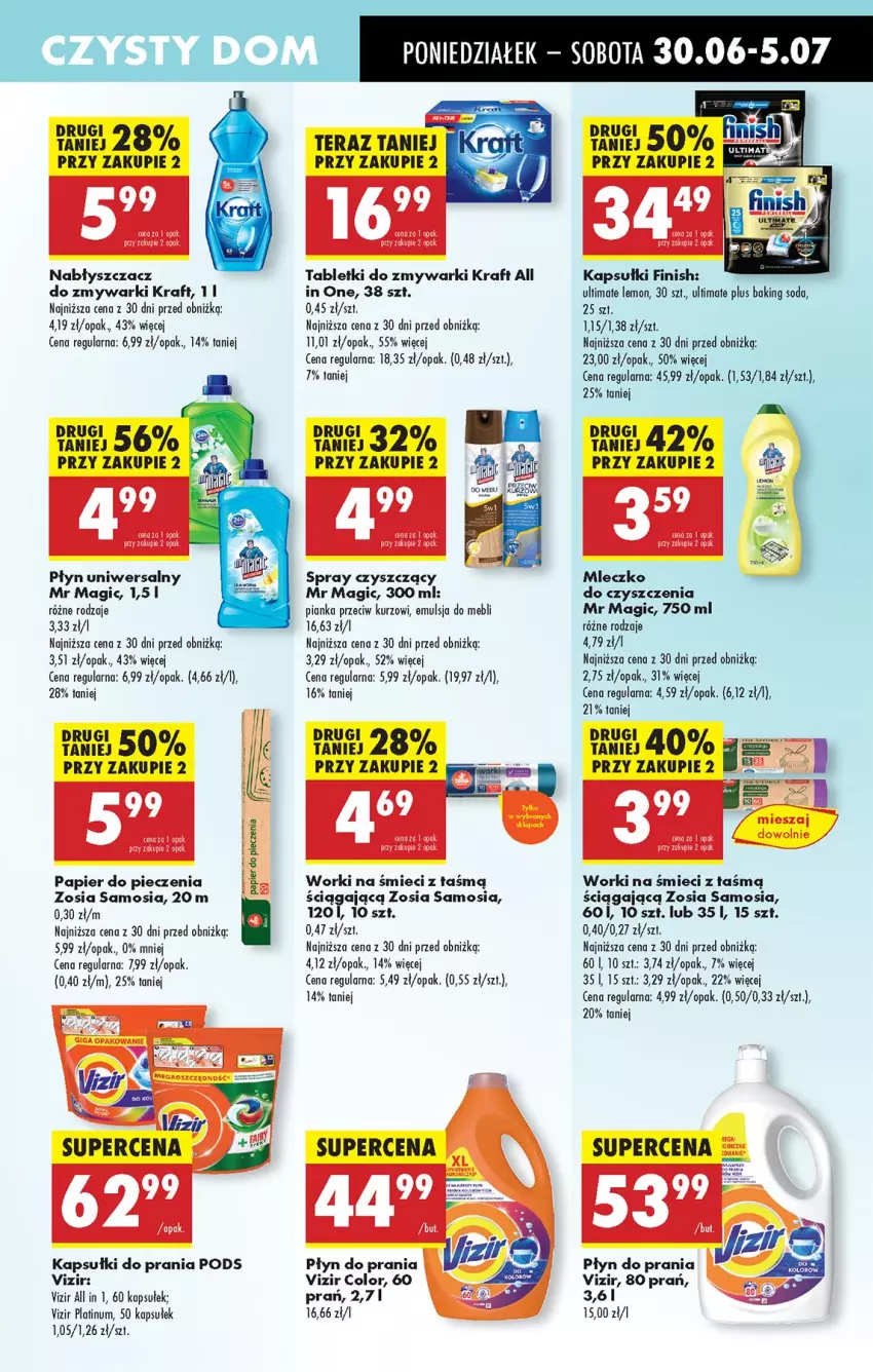 Gazetka promocyjna Biedronka - Od Poniedziałku - ważna 30.06 do 05.07.2025 - strona 69 - produkty: Emulsja, Finish, Kapsułki do prania, Mleczko, Papier, Papier do pieczenia, Piec, Płyn do prania, Tablet, Tabletki do zmywarki, Tera, Vizir, Worki na śmiec, Worki na śmieci, Zmywarki