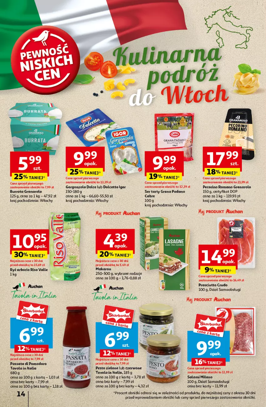 Gazetka promocyjna Auchan - Pewność Niskich Cen Hipermarket - ważna 10.10 do 16.10.2024 - strona 16 - produkty: Burrata, Gorgonzola, Gra, Makaron, Pecorino, Pesto, Prosciutto, Rust, Ryż, Salami, Ser