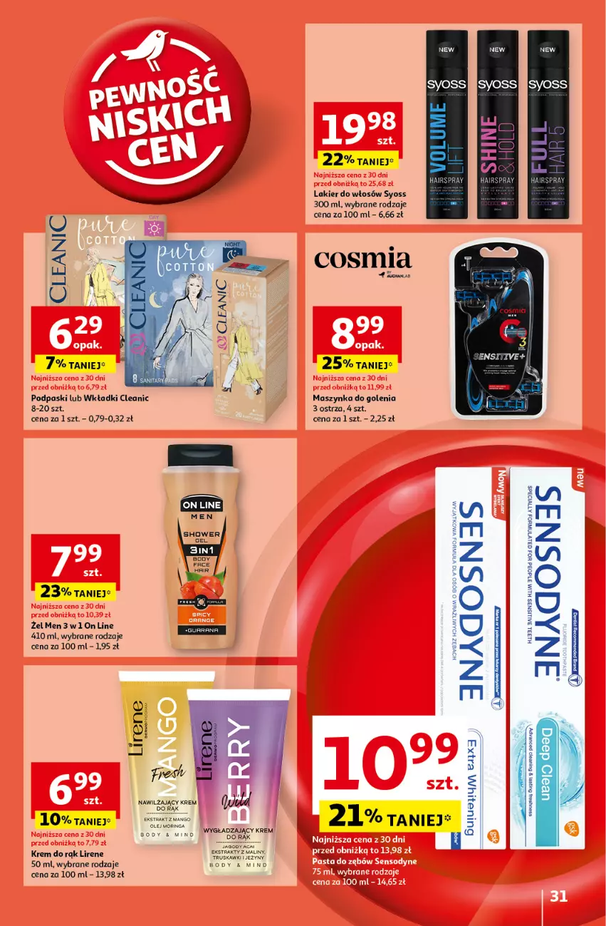 Gazetka promocyjna Auchan - Pewność Niskich Cen Hipermarket - ważna 10.10 do 16.10.2024 - strona 33 - produkty: Body, Cleanic, Jagody, Lakier, Lakier do włosów, Lirene, Maszynka, Maszynka do golenia, Podpaski, Syoss, Szynka, Wkładki