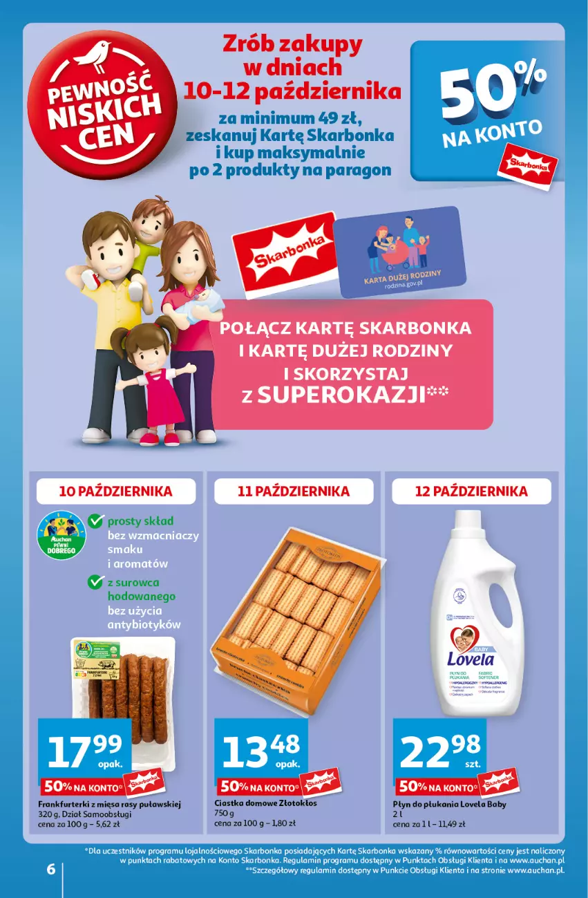 Gazetka promocyjna Auchan - Pewność Niskich Cen Hipermarket - ważna 10.10 do 16.10.2024 - strona 6 - produkty: Ciastka, Frankfurterki, Lovela, Płyn do płukania