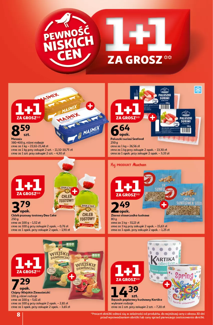 Gazetka promocyjna Auchan - Pewność Niskich Cen Hipermarket - ważna 10.10 do 16.10.2024 - strona 8 - produkty: Chipsy, Chleb, Dan Cake, Papier, Ręcznik, Surimi