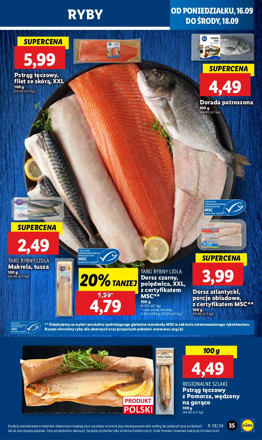 Gazetka promocyjna Lidl - GAZETKA - ważna 16.09 do 18.09.2024 - strona 39 - produkty: Dorsz, Polędwica, Por, Pstrąg, Pstrąg tęczowy, Tusz