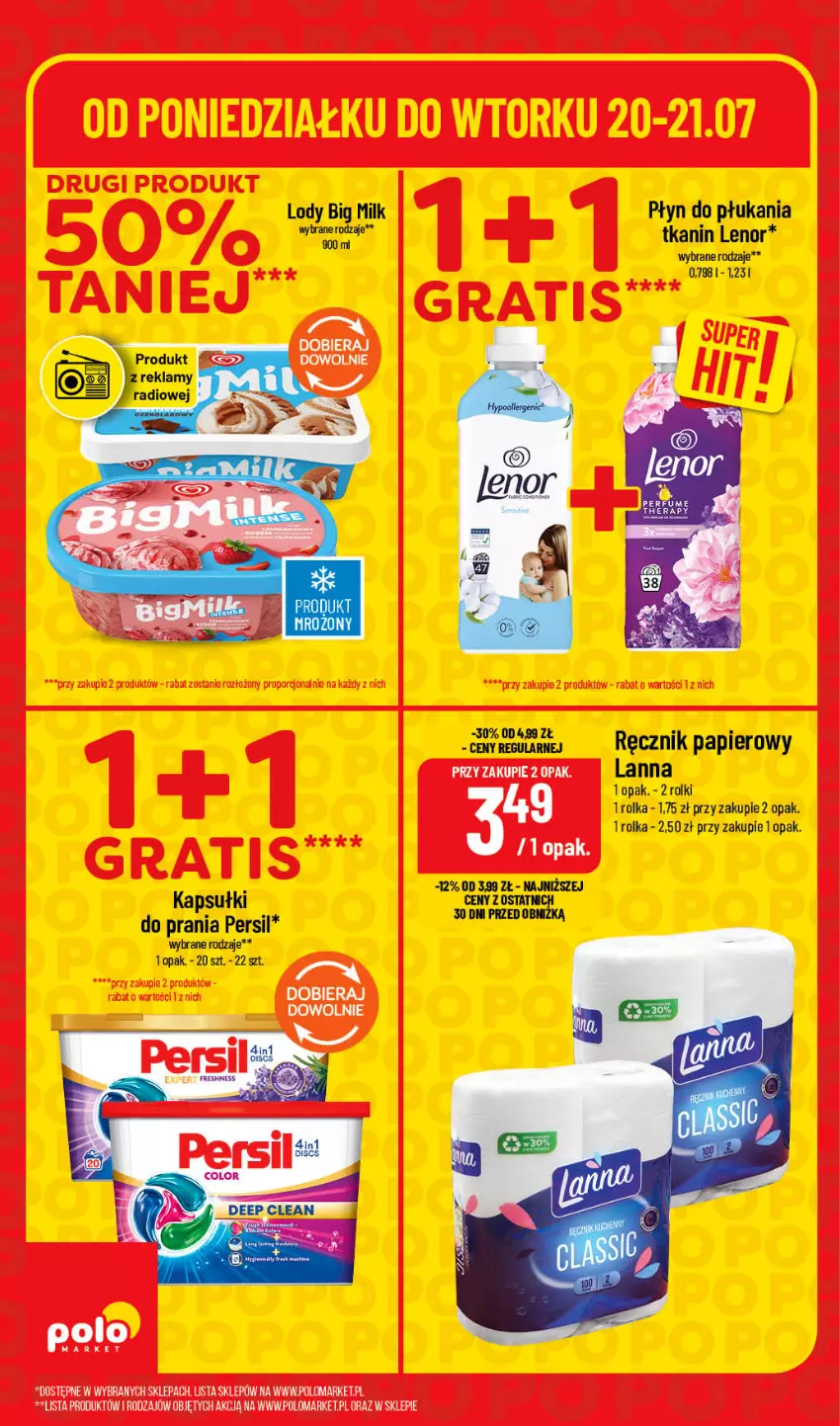 Gazetka promocyjna PoloMarket - Oferta SUPERHITY - ważna 20.07 do 21.07.2026 - strona 6 - produkty: Big Milk, Lenor, Lody, Papier, Persil, Płyn do płukania, Ręcznik, Rolki