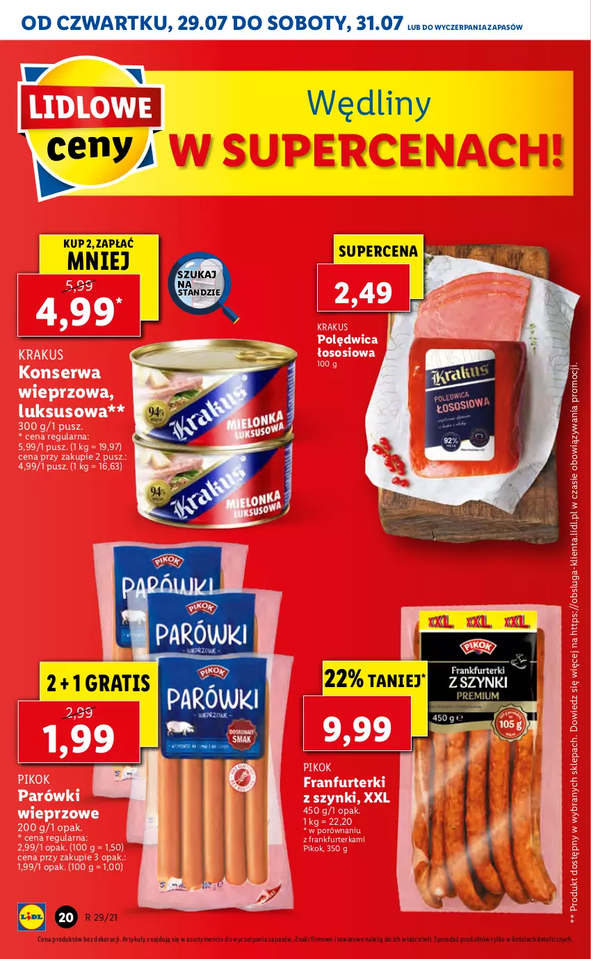 Gazetka promocyjna Lidl - GAZETKA - ważna 29.07 do 31.07.2021 - strona 20 - produkty: Gra, Krakus, Parówki, PIKOK, Polędwica, Por, Ser, Sos