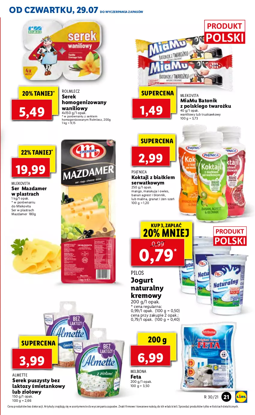 Gazetka promocyjna Lidl - GAZETKA - ważna 29.07 do 31.07.2021 - strona 21 - produkty: Almette, Baton, Feta, Gra, Granat, Gres, Jogurt, Jogurt naturalny, Mango, Mazdamer, Mleko, Mlekovita, Piątnica, Pilos, Por, Rolmlecz, Ser, Serek, Serek homogenizowany, Serek puszysty, Tonik