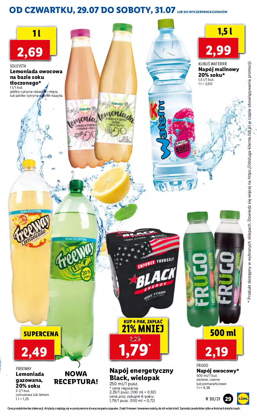 Gazetka promocyjna Lidl - GAZETKA - ważna 29.07 do 31.07.2021 - strona 29 - produkty: Bazyl, Bazylia, Kubuś, Kubuś Waterrr, Lack, Lemoniada, Mięta, Napój, Napój energetyczny, Ogórek, Sok