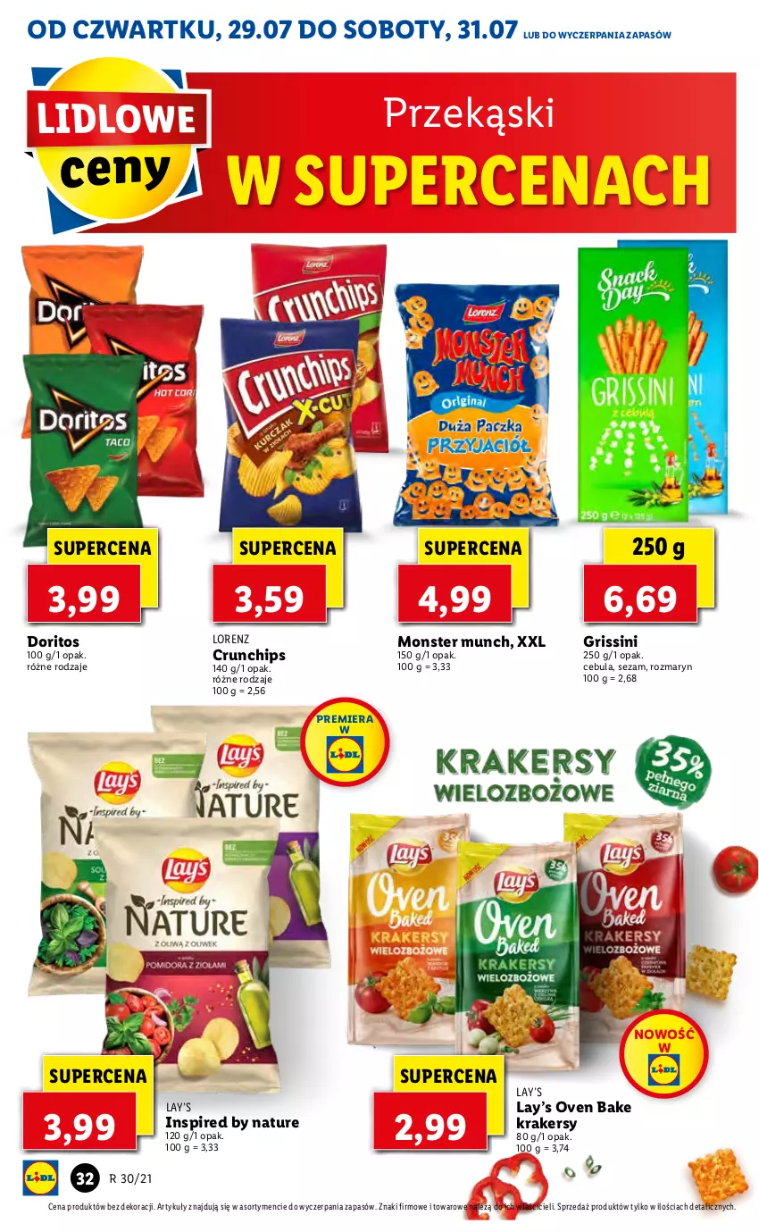 Gazetka promocyjna Lidl - GAZETKA - ważna 29.07 do 31.07.2021 - strona 32 - produkty: Cebula, Crunchips, Grissini, Krakersy, Lay’s, Lorenz, Monster Munch, Sezam