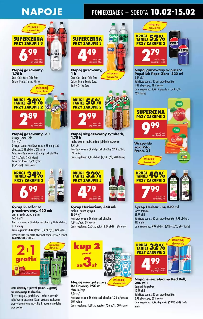 Gazetka promocyjna Biedronka - Od Poniedziałku - ważna 10.02 do 15.02.2025 - strona 51 - produkty: Aronia, Coca-Cola, Fa, Fanta, Gin, Gra, Mięta, Napój, Napój energetyczny, Napój gazowany, Napój niegazowany, Napoje, Por, Red Bull, Sos, Sprite, Syrop, Tymbark