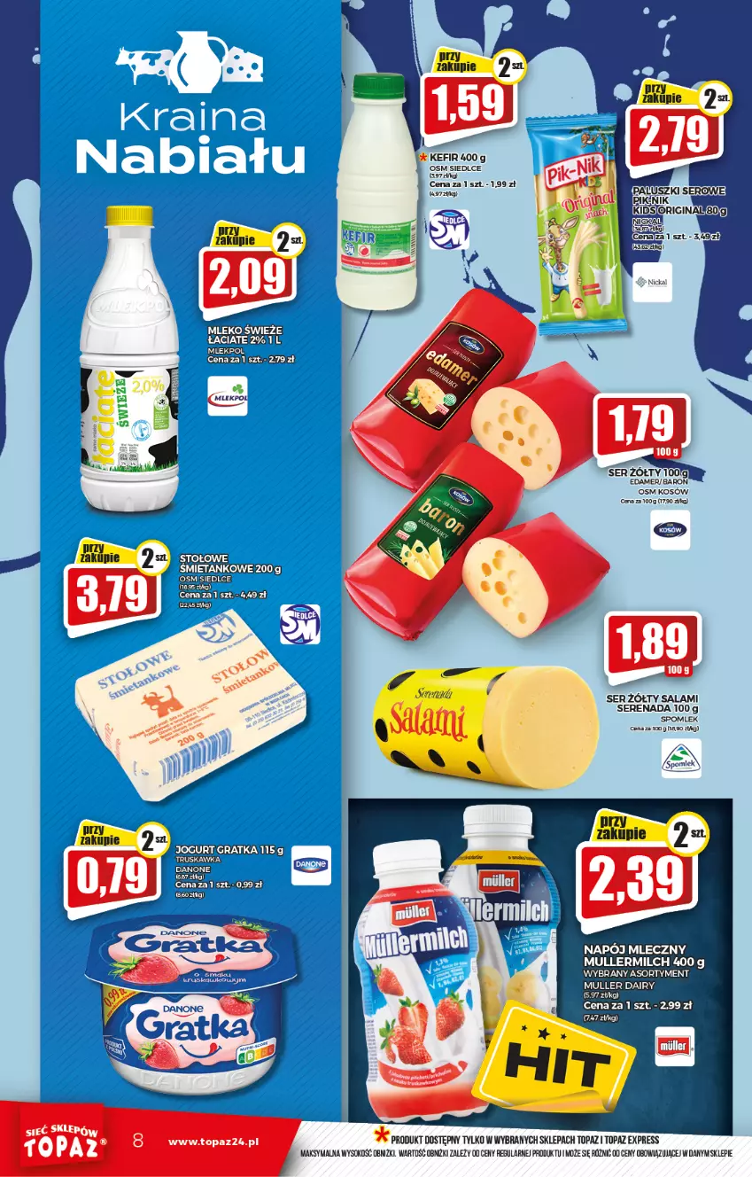 Gazetka promocyjna Topaz - Gazetka - ważna 29.07 do 04.08.2021 - strona 8 - produkty: Danone, Edam, Gra, Jogurt, Napój, Napój mleczny, Salami, Ser, Sok, Top