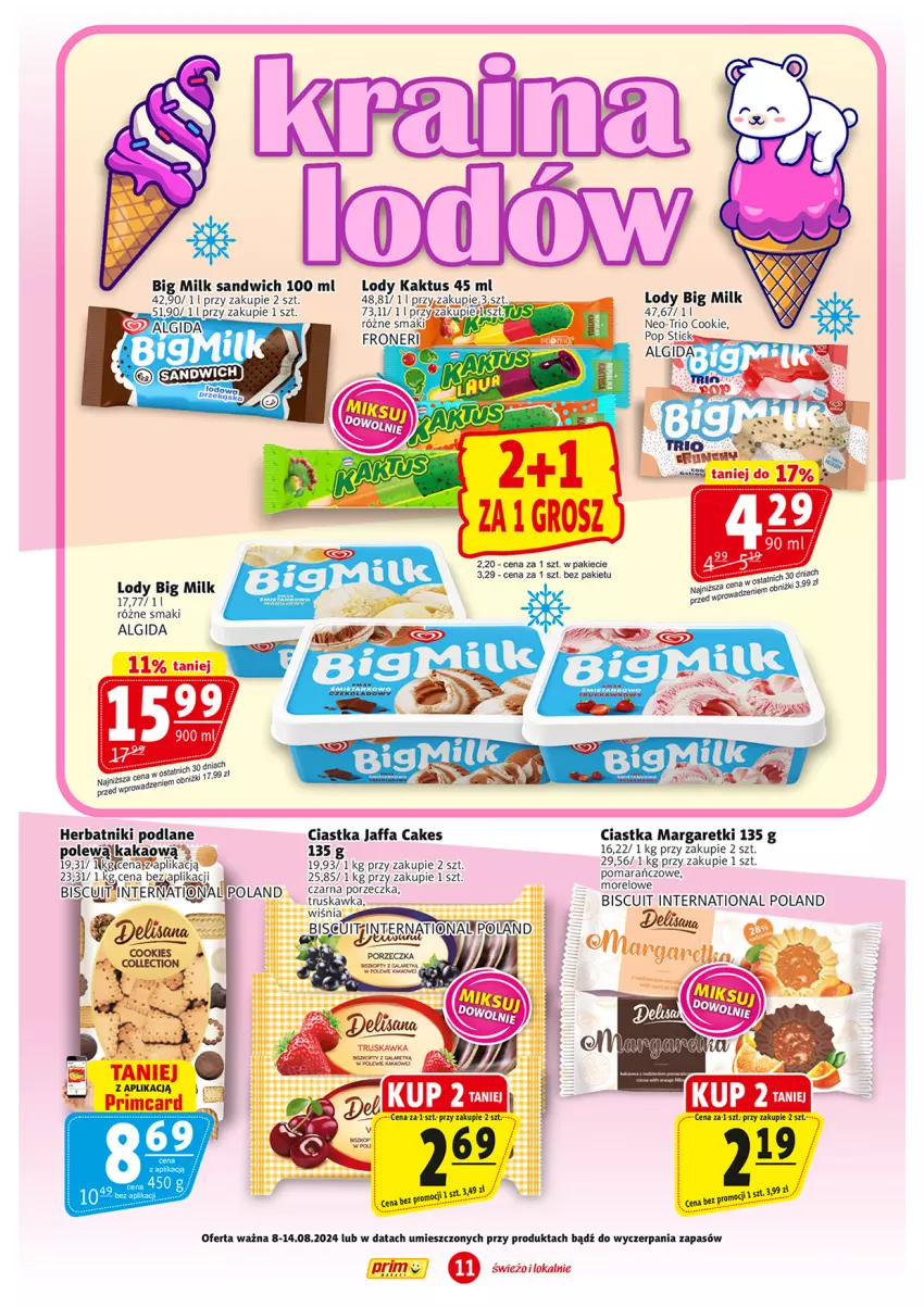 Gazetka promocyjna Prim Market - ważna 08.08 do 14.08.2024 - strona 11 - produkty: Algida, Big Milk, Ciastka, Fa, Gra, Herbatniki, Kakao, Kaktus, LG, Lody, Por