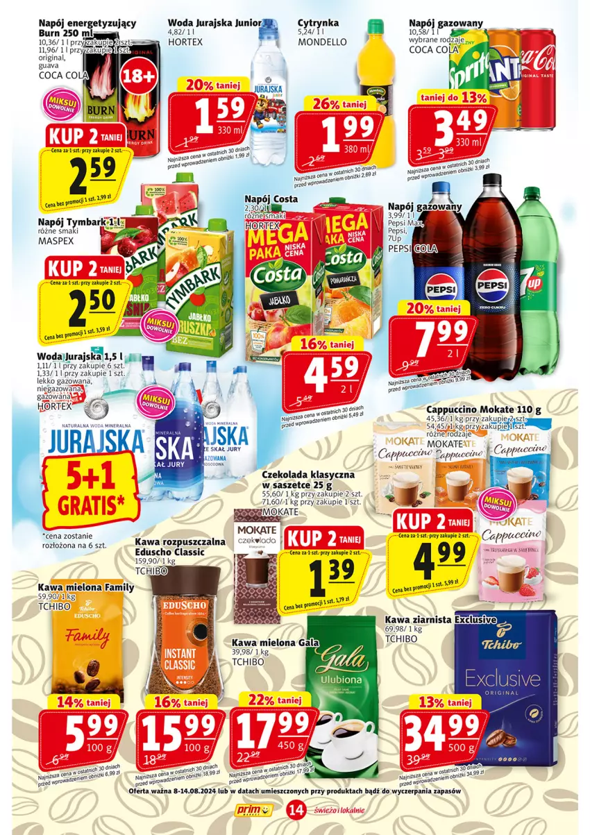 Gazetka promocyjna Prim Market - ważna 08.08 do 14.08.2024 - strona 14 - produkty: 7up, Cappuccino, Czekolada, Dell, Fa, Gala, Gin, Hortex, Kawa, Kawa mielona, Kawa rozpuszczalna, Kawa ziarnista, Napój, Napój gazowany, Tchibo, Woda