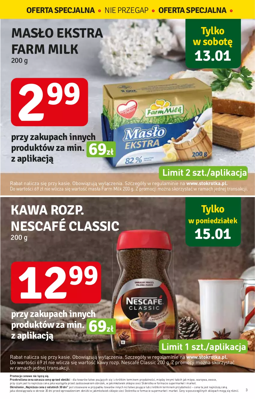 Gazetka promocyjna Stokrotka - Supermarket - ważna 11.01 do 17.01.2024 - strona 3 - produkty: Fa, Farm Milk, Kawa, Mięso, Nescafé, Owoce, Rama, Tran, Warzywa