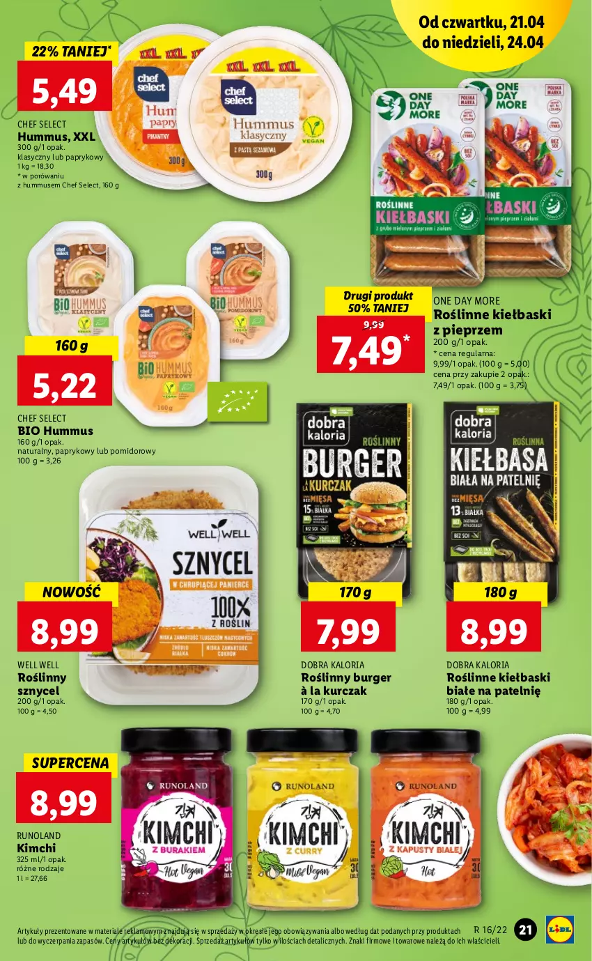 Gazetka promocyjna Lidl - GAZETKA - ważna 21.04 do 24.04.2022 - strona 21 - produkty: Burger, Hummus, Kiełbaski białe, Kurczak, Mus, Pieprz, Por, Roślinne kiełbaski, Roślinny burger, Runoland