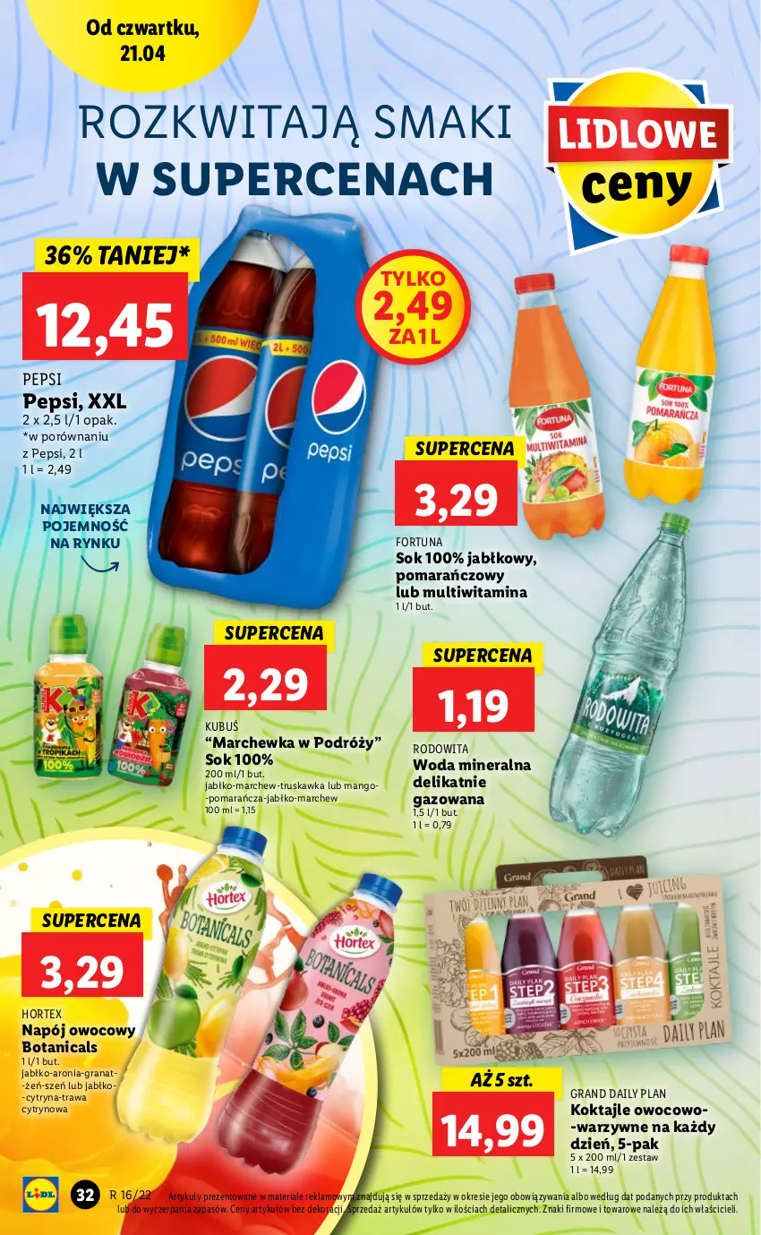 Gazetka promocyjna Lidl - GAZETKA - ważna 21.04 do 24.04.2022 - strona 32 - produkty: Aronia, Fortuna, Gra, Granat, Hortex, Kubuś, Mango, Marchewka, Napój, Pepsi, Por, Sok, Woda, Woda mineralna