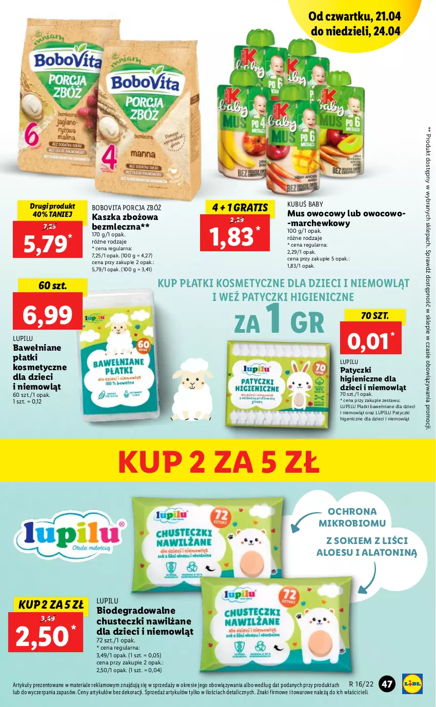 Gazetka promocyjna Lidl - GAZETKA - ważna 21.04 do 24.04.2022 - strona 47 - produkty: BoboVita, Chusteczki, Dzieci, Gra, Kubuś, Mus, Płatki kosmetyczne, Por, Sok