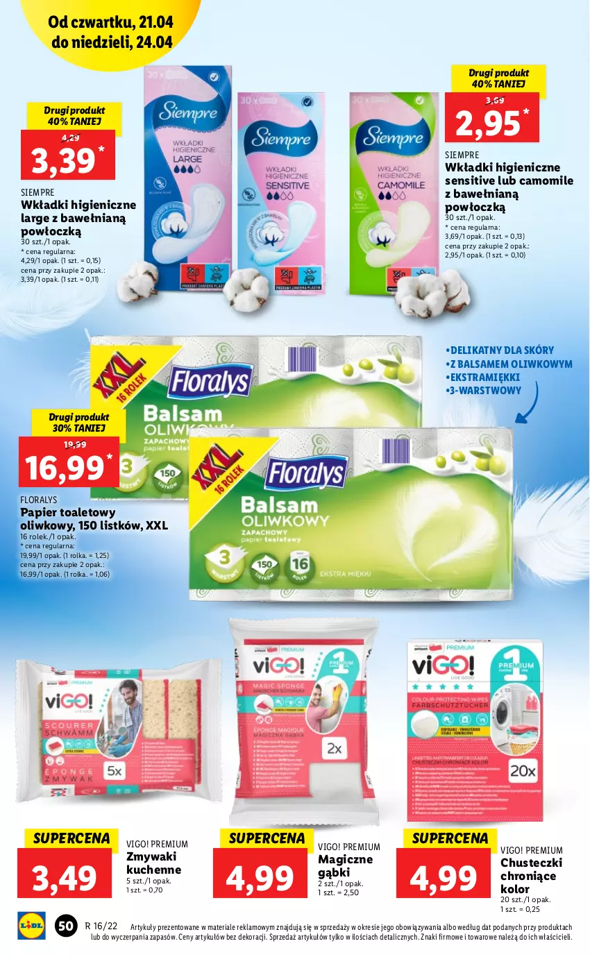 Gazetka promocyjna Lidl - GAZETKA - ważna 21.04 do 24.04.2022 - strona 50 - produkty: Chusteczki, Flora, Papier, Papier toaletowy, Wkładki, Zmywaki kuchenne