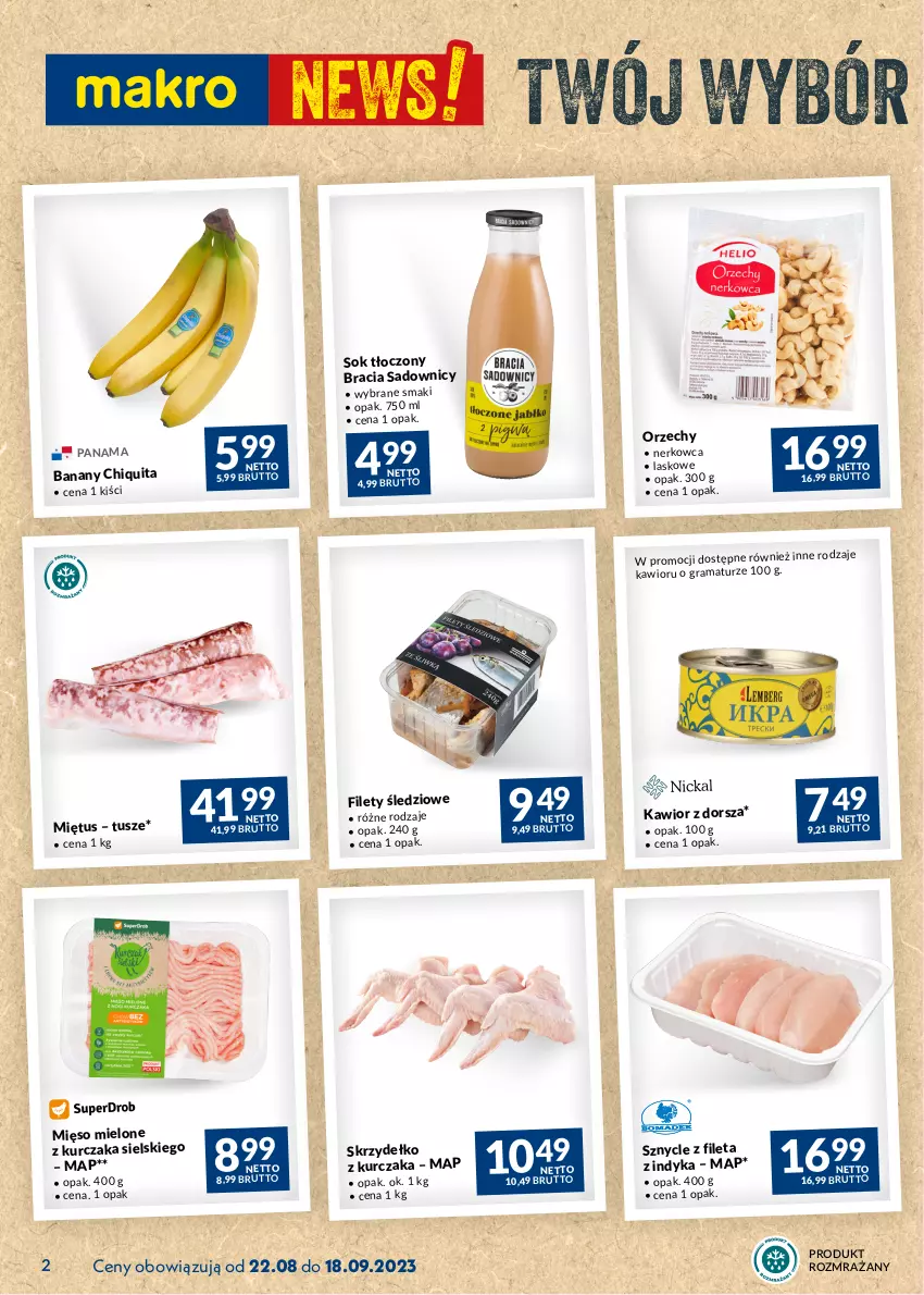 Gazetka promocyjna Makro - Najlepsze oferty - oferta z alkoholem - ważna 22.08 do 18.09.2023 - strona 2 - produkty: Banany, Dorsz, Gra, Kawior, Kurczak, Mięso, Mięso mielone, Miętus, Rama, Sok, Tusz