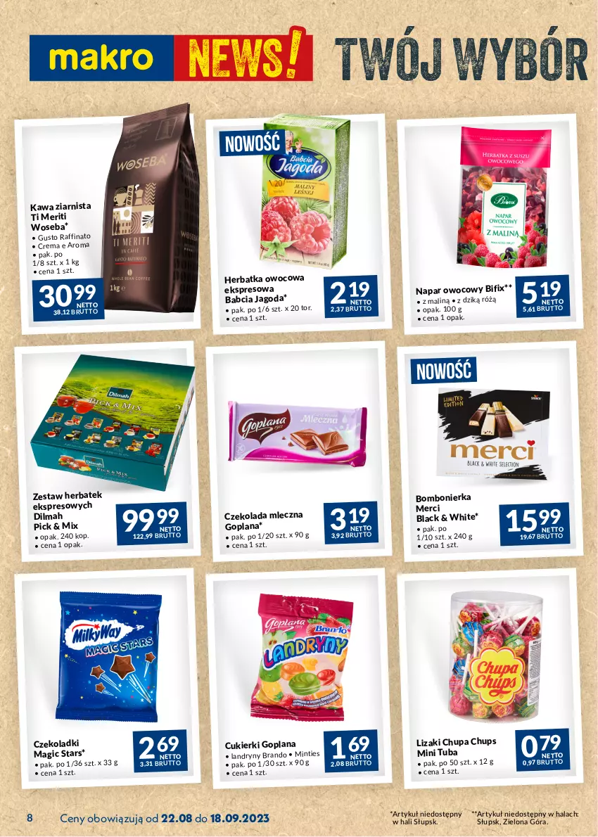 Gazetka promocyjna Makro - Najlepsze oferty - oferta z alkoholem - ważna 22.08 do 18.09.2023 - strona 8 - produkty: Chupa Chups, Cukier, Cukierki, Czekolada, Czekolada mleczna, Dilmah, Goplana, Kawa, Kawa ziarnista, Lack, LANA, Lizaki, Merci, Woseba