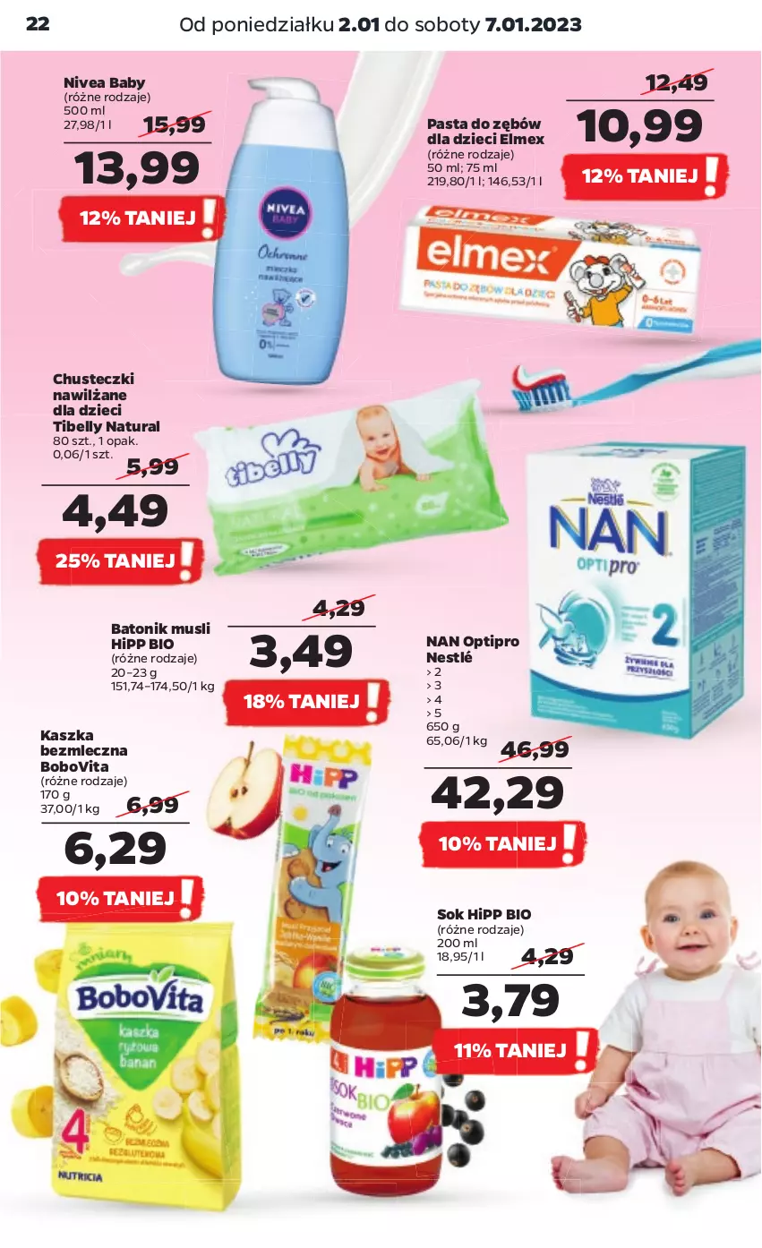 Gazetka promocyjna Netto - Artykuły spożywcze - ważna 02.01 do 07.01.2023 - strona 22 - produkty: Baton, Bell, BoboVita, Chusteczki, Dzieci, Elmex, HiPP, Hipp Bio, Mus, NAN Optipro, Nestlé, Nivea, Nivea Baby, Pasta do zębów, Sok, Tonik