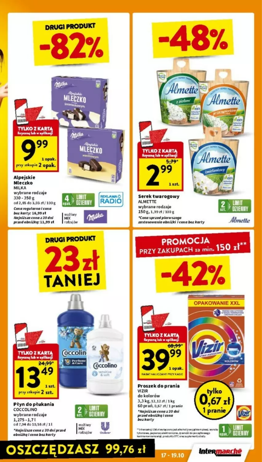 Gazetka promocyjna Intermarche - ważna 17.10 do 23.10.2024 - strona 23 - produkty: Almette, Coccolino, Kask, Milka, Mleczko, Piwa, Płyn do płukania, Proszek do prania, Ser, Serek, Serek twarogowy