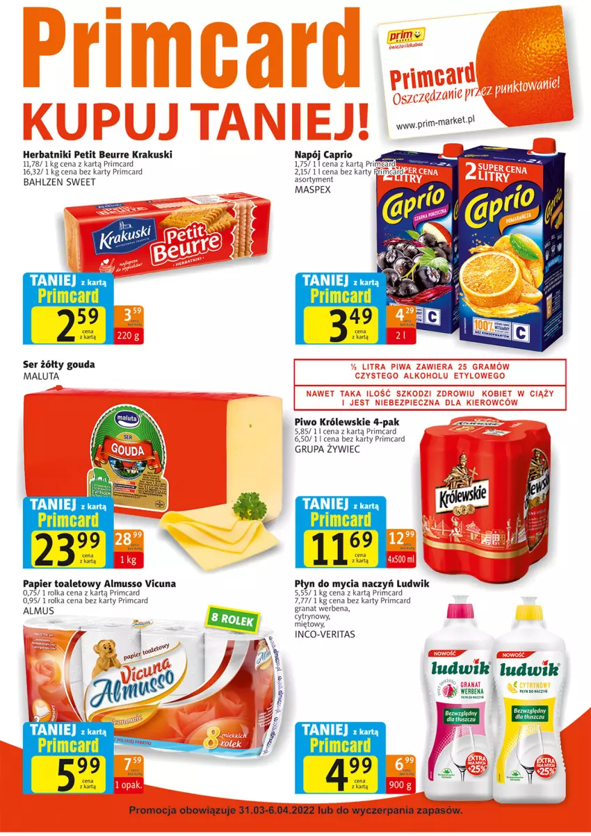 Gazetka promocyjna Prim Market - ważna 31.03 do 06.04.2022 - strona 7 - produkty: Do mycia naczyń, Fa, Gouda, Gra, Granat, Herbatniki, Herbatniki Petit Beurre, Krakus, Krakuski, Królewski, Ludwik, Mus, Napój, Papier, Papier toaletowy, Piwo, Płyn do mycia, Płyn do mycia naczyń, Ser