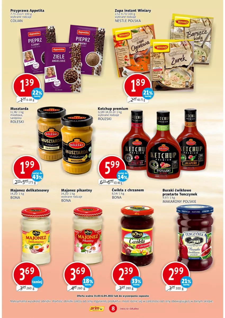 Gazetka promocyjna Prim Market - ważna 31.03 do 06.04.2022 - strona 8 - produkty: Buraki, Chrzan, Ketchup, Majonez, Makaron, Mus, Musztarda, Sok, Winiary, Zupa