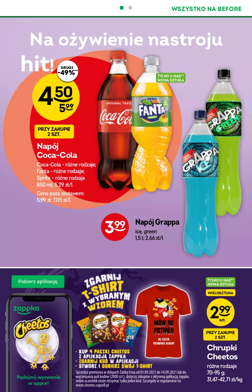 Gazetka promocyjna Żabka - ważna 01.09 do 07.09.2021 - strona 14 - produkty: Cheetos, Chrupki, Coca-Cola, Fa, Fanta, Gra, Grappa, Napój, Sprite