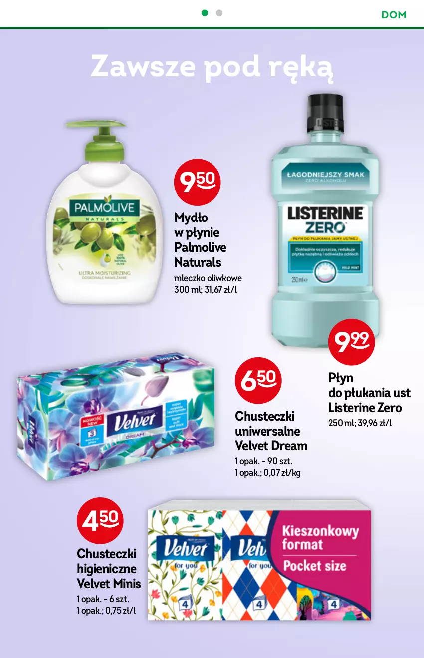 Gazetka promocyjna Żabka - ważna 01.09 do 07.09.2021 - strona 52 - produkty: Chusteczki, Listerine, Mleczko, Mydło, Mydło w płynie, Palmolive, Płyn do płukania, Velvet