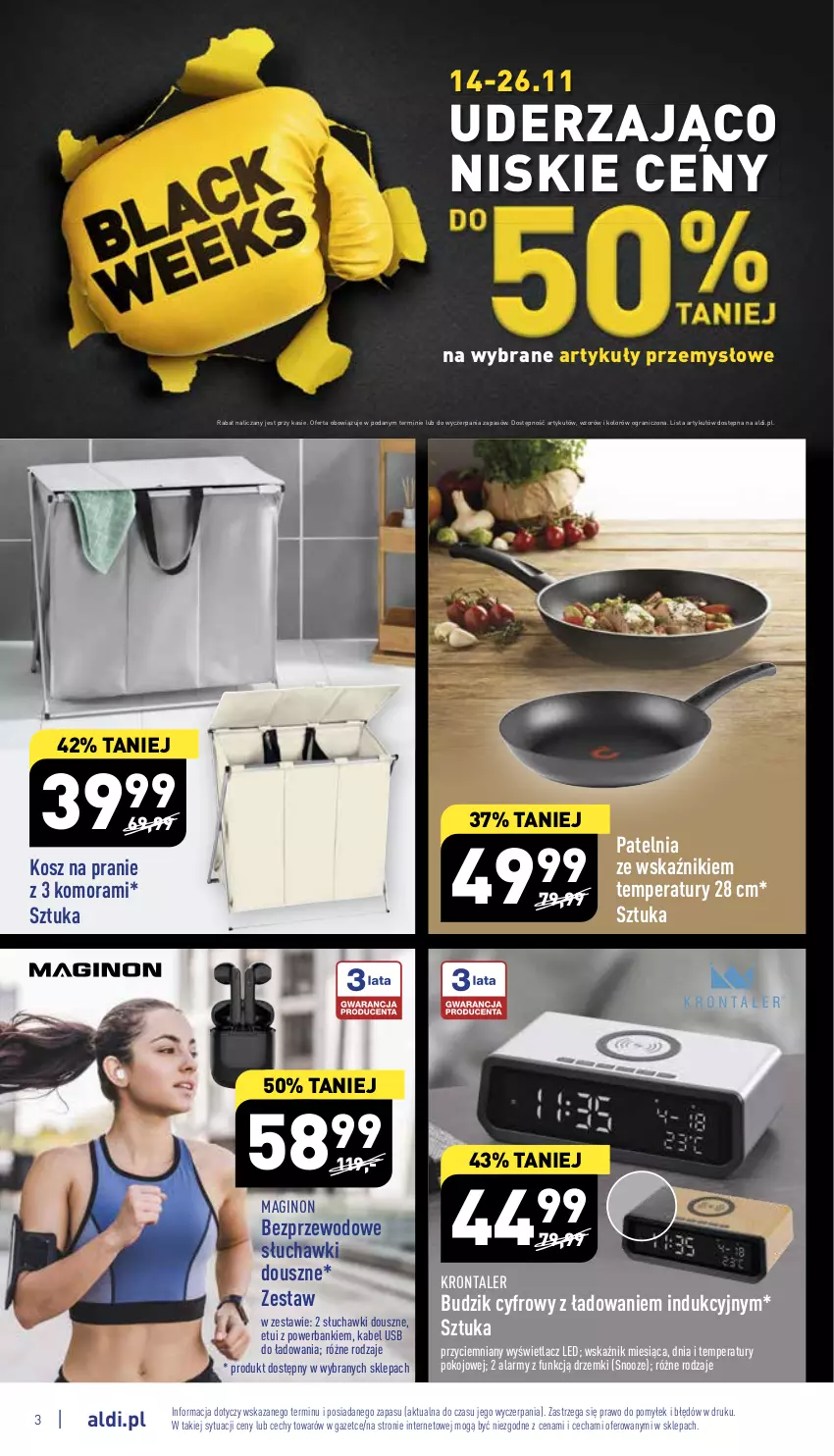 Gazetka promocyjna Aldi - Zaplanuj zakupy wcześniej - ważna 16.11 do 19.11.2022 - strona 3 - produkty: Budzik, Gin, Gra, Kabel USB, Kosz, Patelnia, Powerbank, Słuchawki